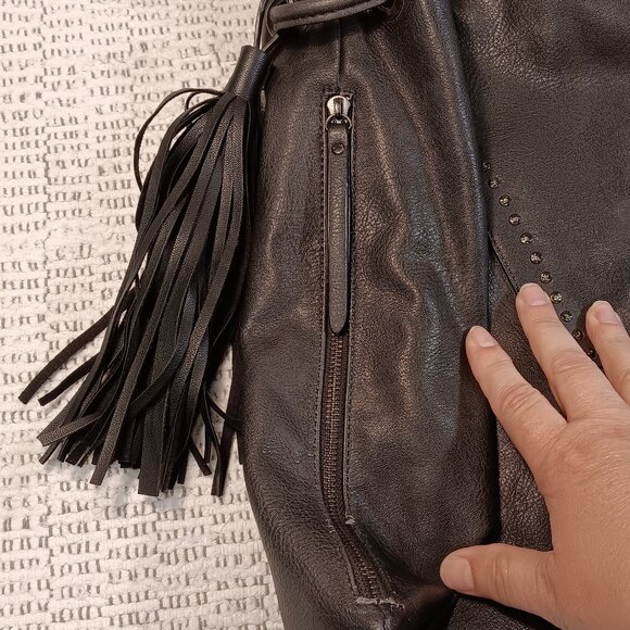 Moda Luxe black faux leather studded with tassel shoulder sling hobo bag purse - Picture 4 of 13